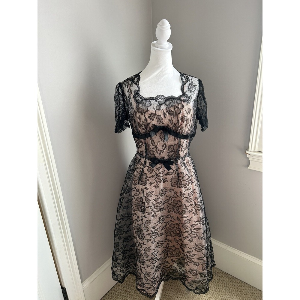 Vintage 50s Lace Black‎ Handmade Bow Detail Evening Dress Size M